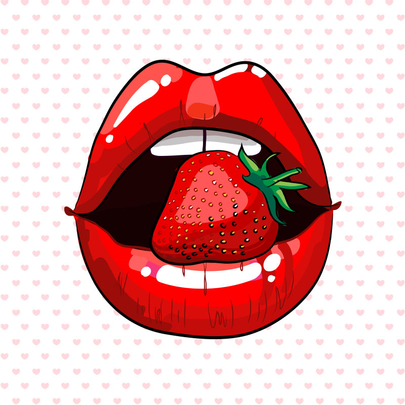 抽象矢量现代吃草莓的性感红唇插图