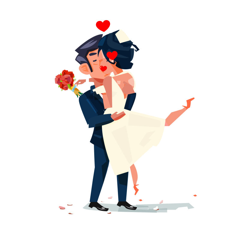 矢量卡通拥吻的新婚夫妇插图设计