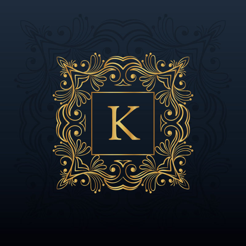 矢量金色花纹装饰的字母k标志设计