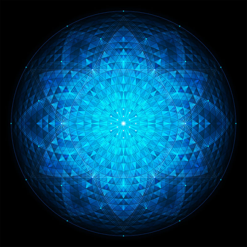 黑色背景上的复杂深蓝几何曼荼罗神圣几何学生命之花矢量