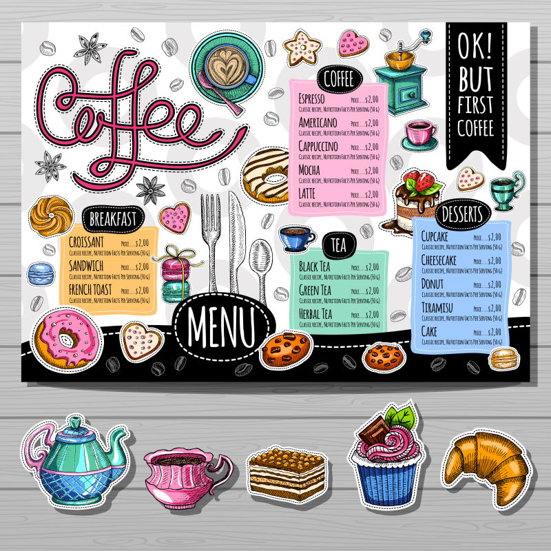 抽象矢量手绘风格的咖啡店菜单设计