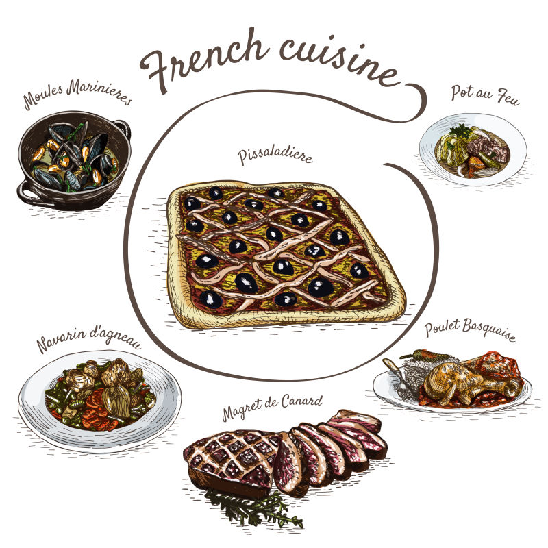 创意矢量法国菜手绘插图平面设计