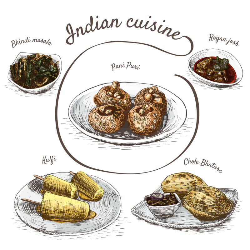 创意矢量现代手绘印度美食插图设计