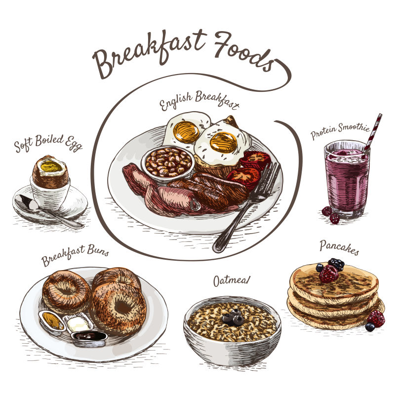 抽象矢量现代早餐手绘插图设计
