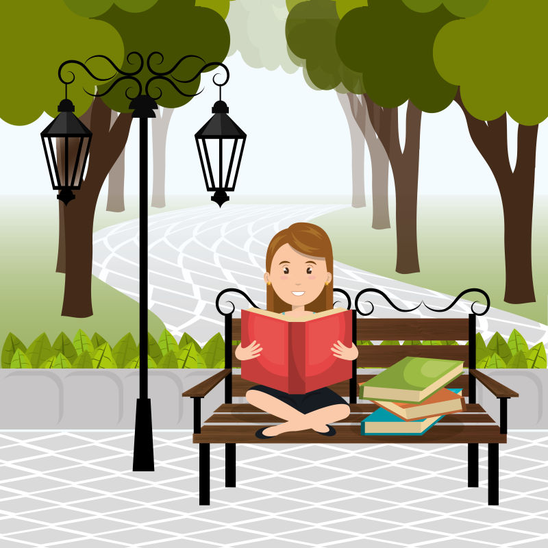 矢量坐在公园长椅看书的美女
