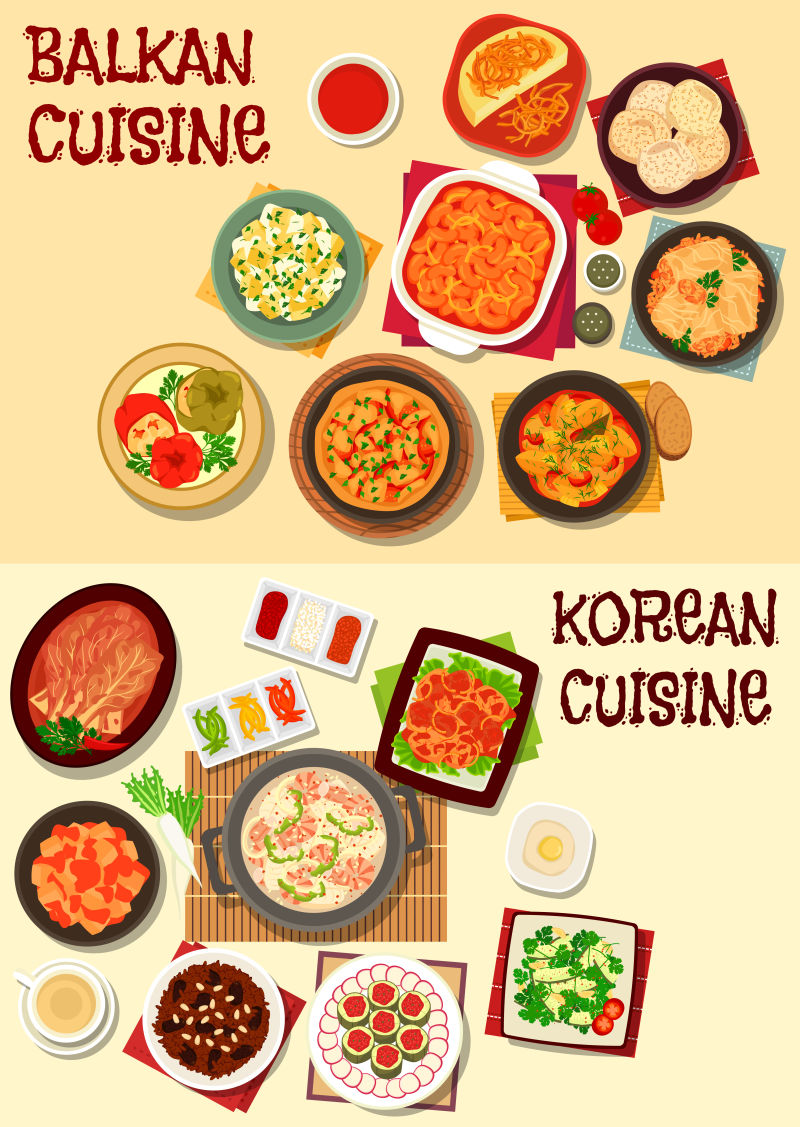 矢量韩国和巴尔干美食
