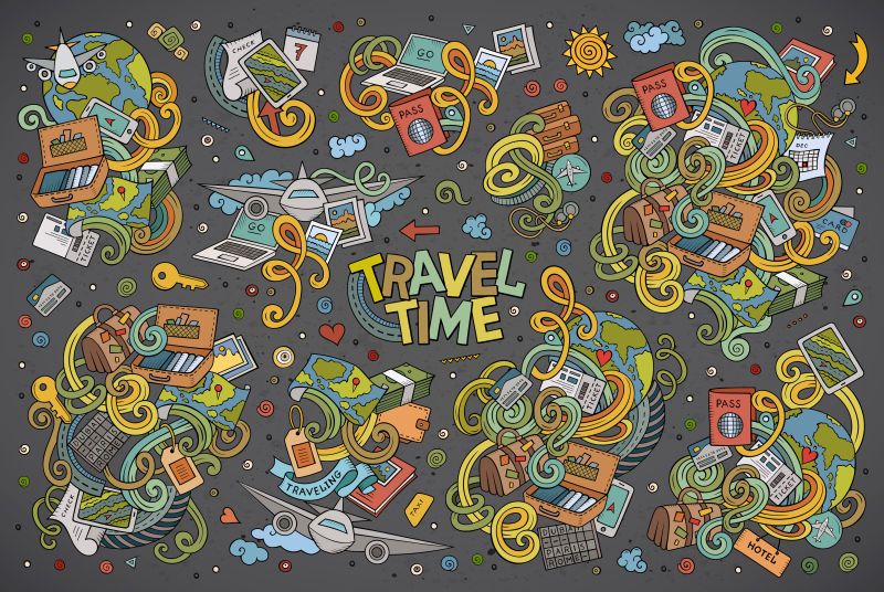 矢量彩色旅游主题的涂鸦设计