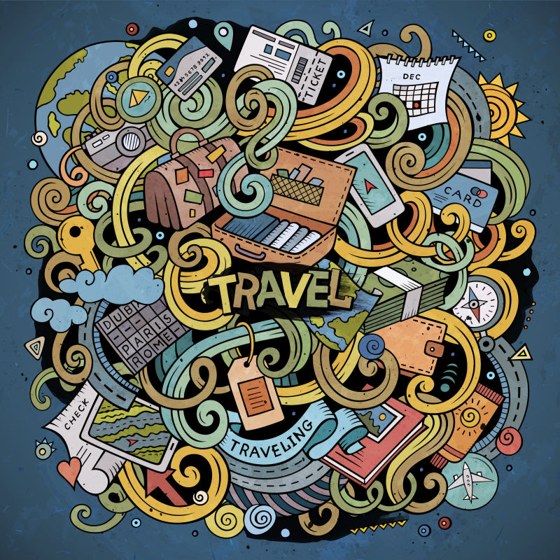 创意矢量旅游主题的彩色涂鸦设计插图