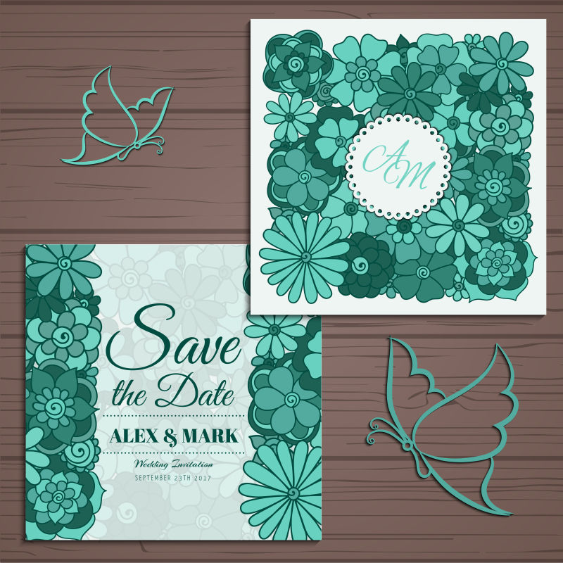抽象矢量绿色花卉装饰的婚礼请帖设计