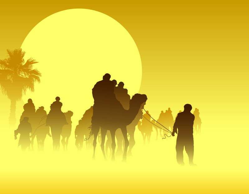 矢量沙漠里的骆驼商队