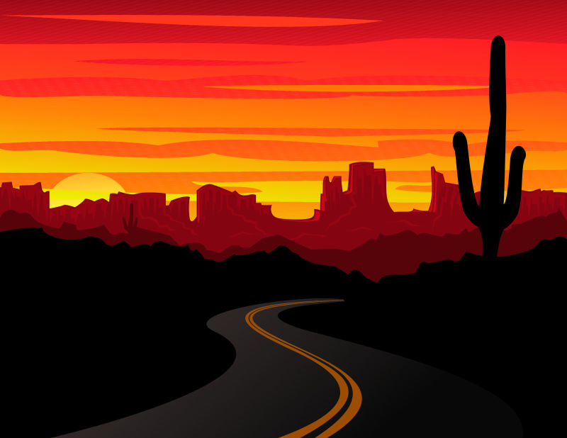 矢量日落的沙漠道路