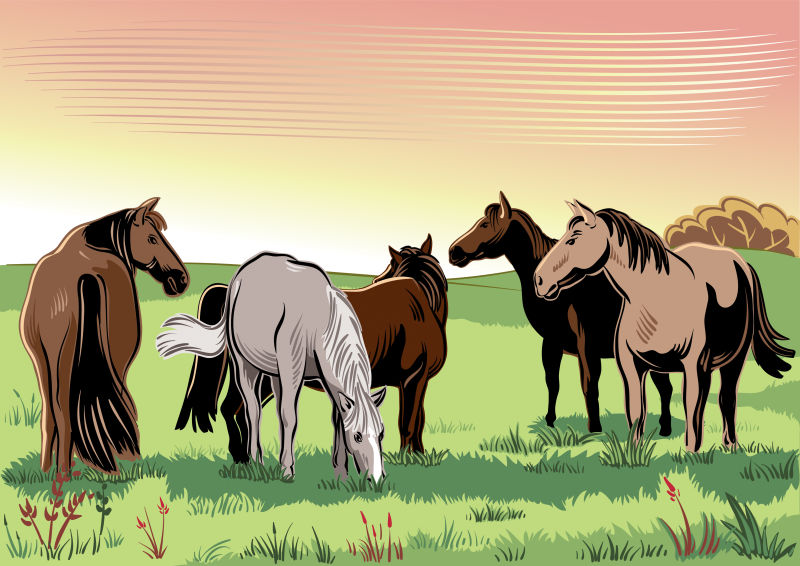 抽象矢量现代农场中的吃草的马插图