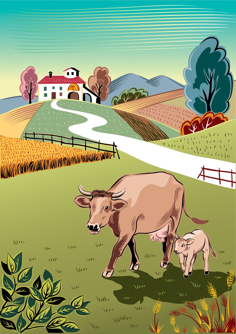 抽象矢量草地上吃草的牛犊插图