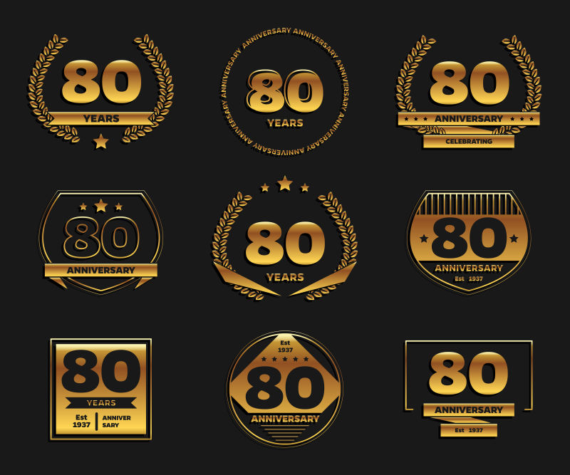 抽象矢量金色80周年纪念徽章设计