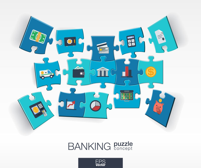 抽象的银行背景与连接的彩色拼图集成的平面图标三维信息图形概念与货币卡银行和金融件透视矢量交互插图