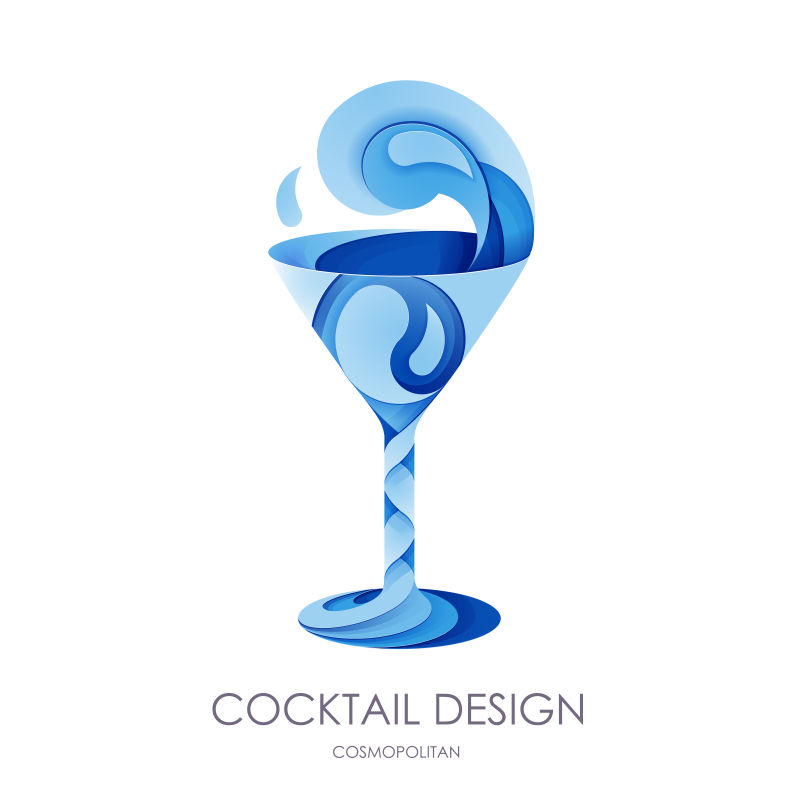 创意矢量蓝色纸艺风格的鸡尾酒标志设计