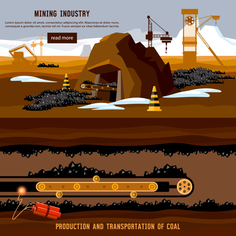 抽象矢量现代挖掘煤炭概念的平面设计插图