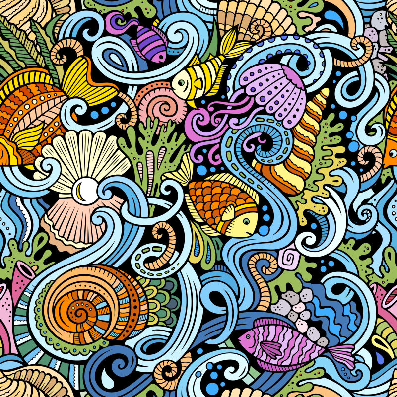 创意矢量平面涂鸦风格的海底世界插图