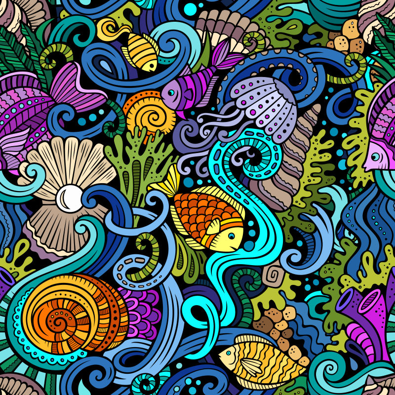 创意矢量海底世界的涂鸦平面插图