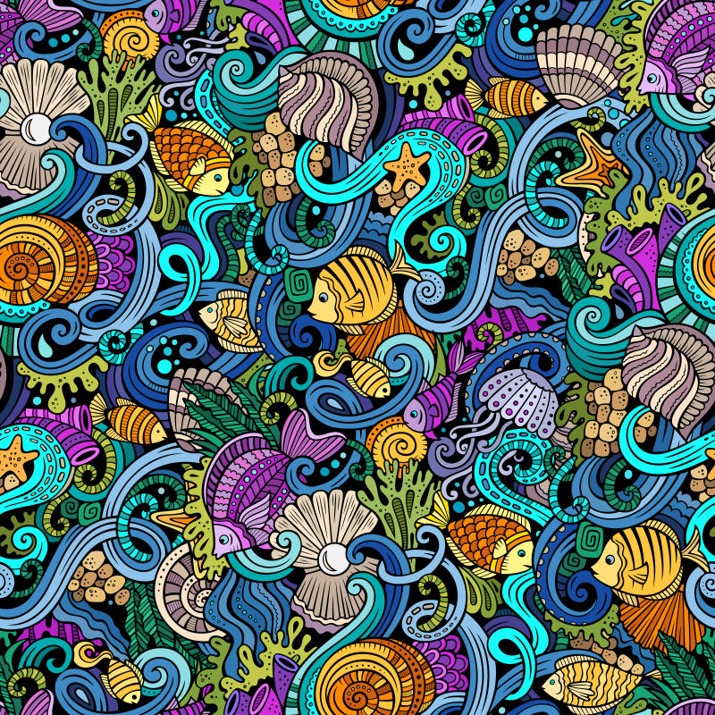 创意矢量海底世界的涂鸦插图