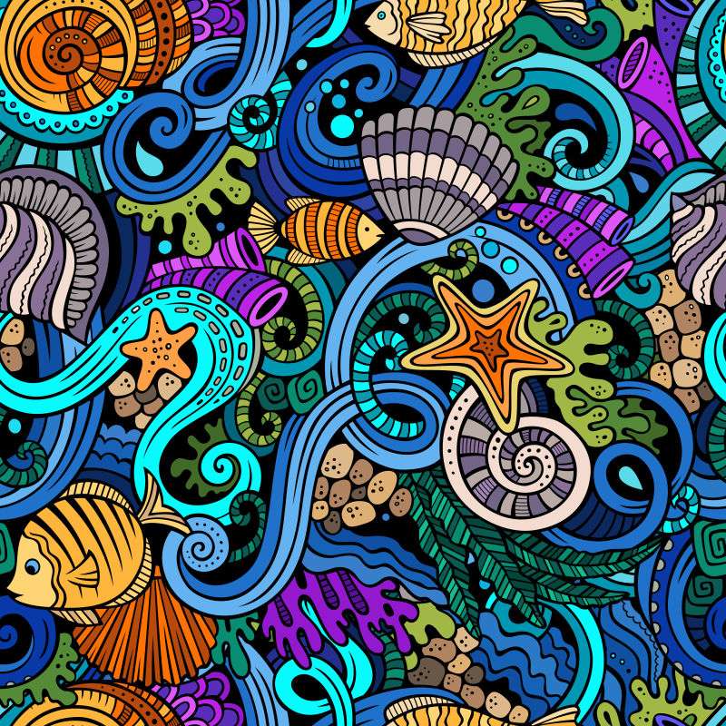 创意矢量彩色海底元素装饰涂鸦背景