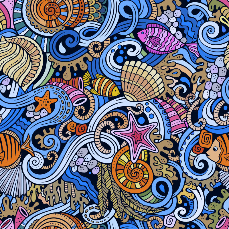 抽象矢量涂鸦风格的海底世界插图设计