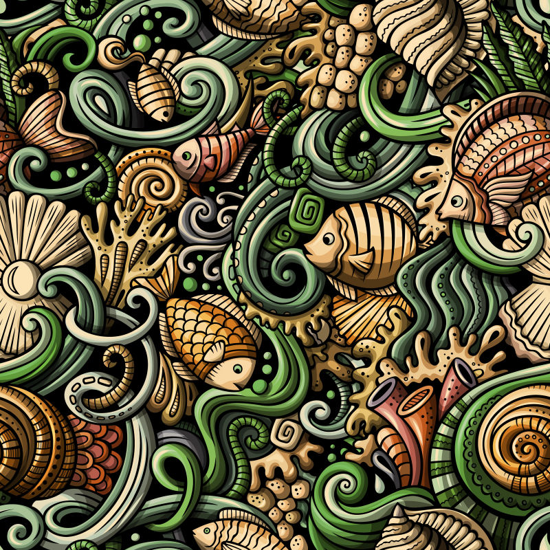 创意矢量涂鸦风格的海底元素装饰背景