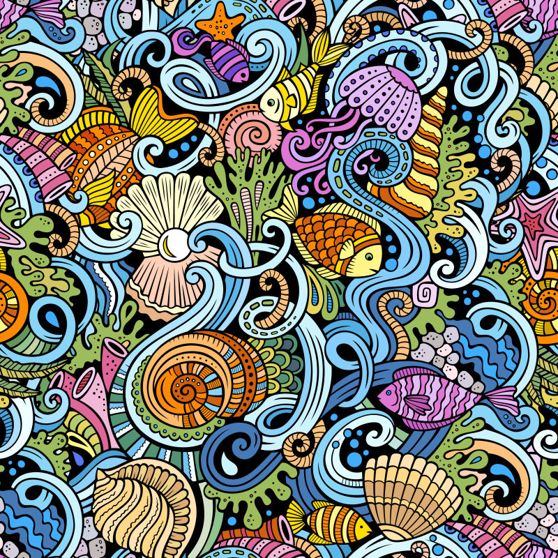 抽象矢量彩色涂鸦风格的海底世界插图