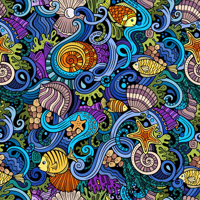 创意矢量彩色海底概念的涂鸦插图