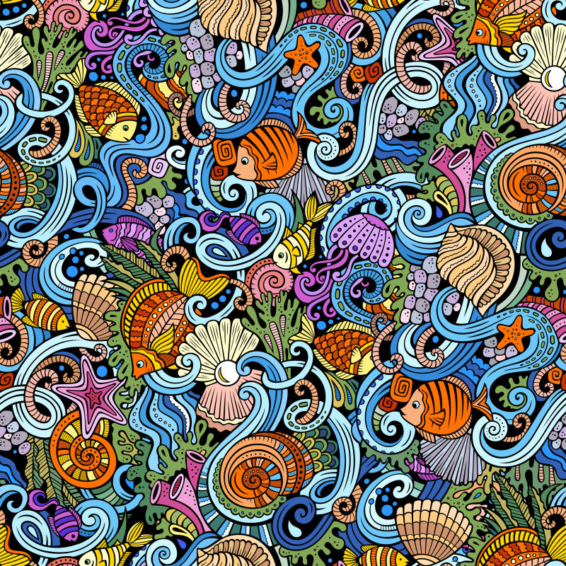 创意矢量彩色涂鸦风格的海底世界插图