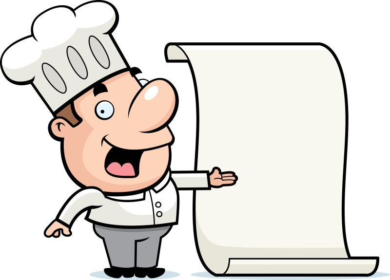 矢量指着空白纸张的卡通男性厨师