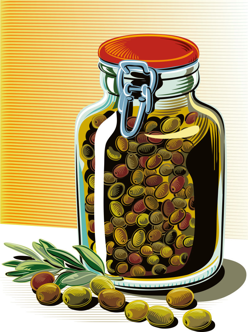 创意矢量装在瓶子里的橄榄插图