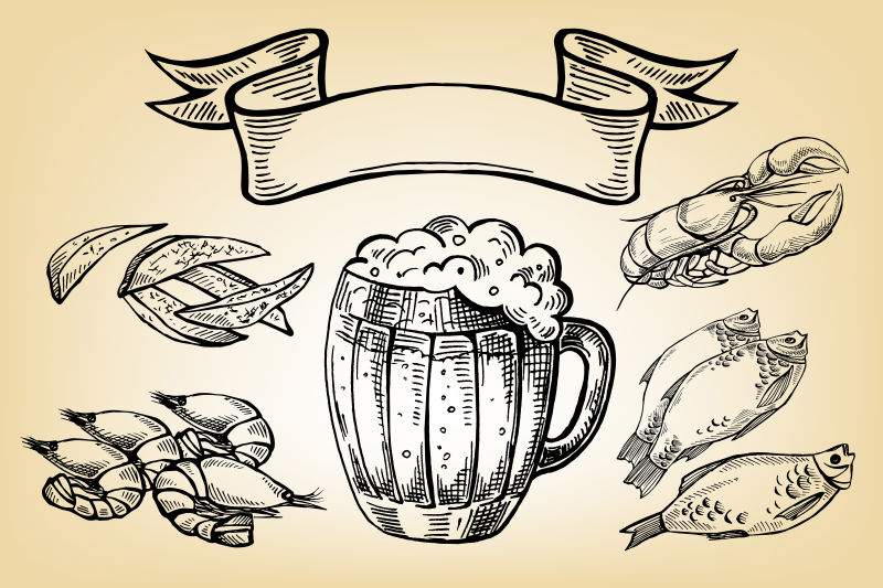 抽象矢量古典手绘啤酒元素插图