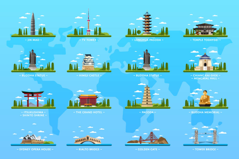  创意矢量亚洲城市的地标设计插图