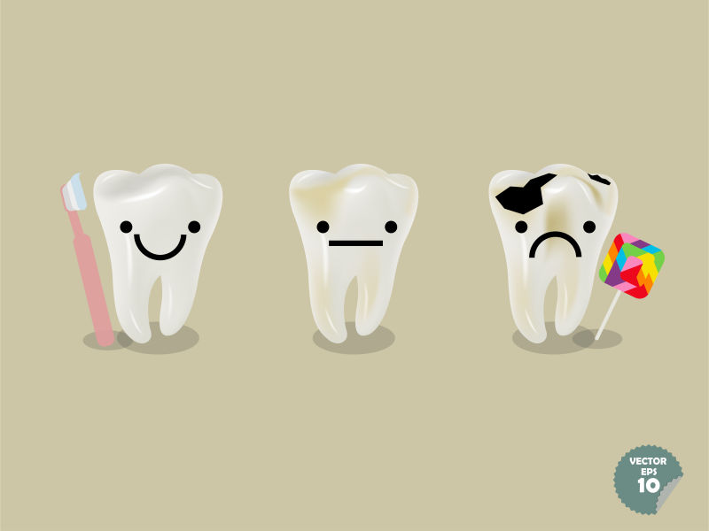 矢量健康牙齿与吃棒棒糖的牙齿对比