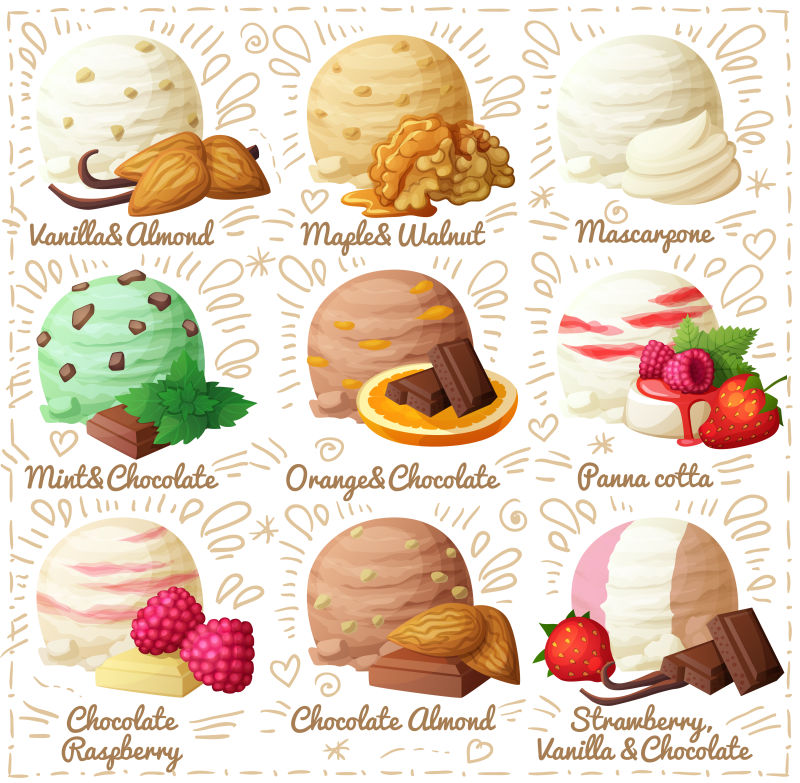 抽象矢量不同口味的冰淇淋球设计