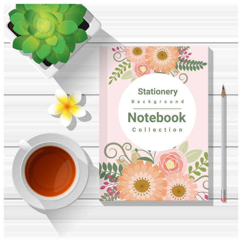 创意矢量粉色可爱的笔记本和茶插图