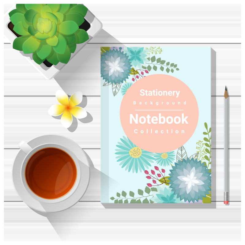 创意矢量桌上的花卉装饰的笔记本设计插图