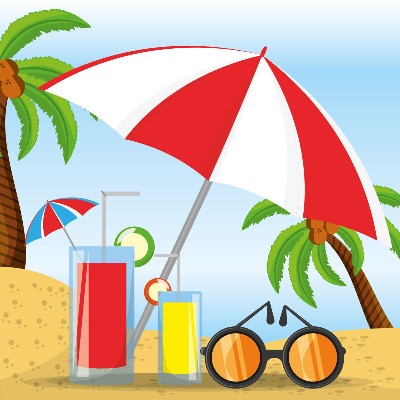 沙滩上的遮阳伞和果汁矢量插图