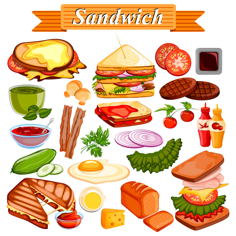 创意矢量三明治的食材平面设计插图