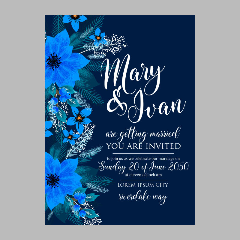 抽象矢量蓝色花卉元素的婚礼请帖设计