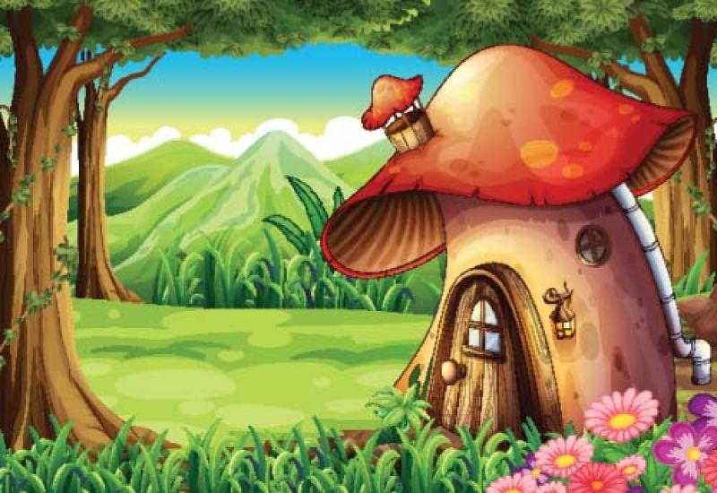 抽象矢量卡通森林里的蘑菇屋插图