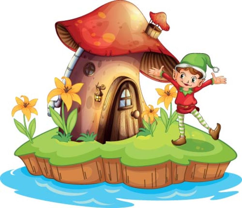 抽象矢量海岛的蘑菇屋卡通插图