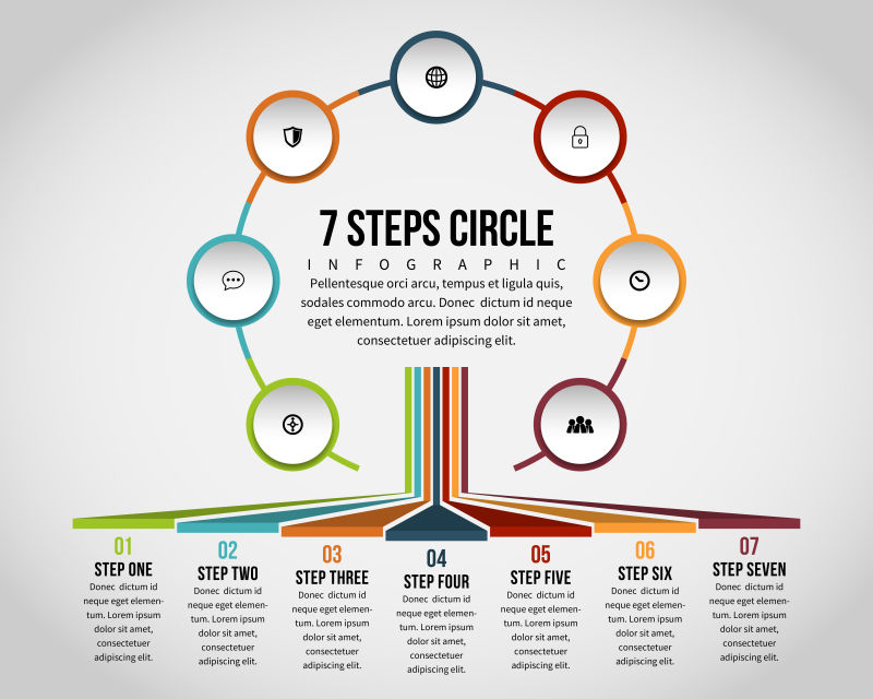 抽象矢量彩色七步循环信息图表设计