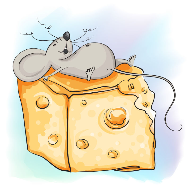 抽象矢量卡通躺在奶酪上的老鼠设计