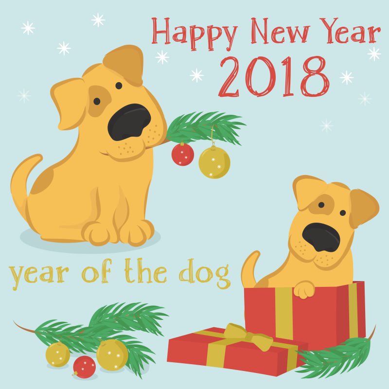 抽象矢量庆祝2018新年的狗卡通插图