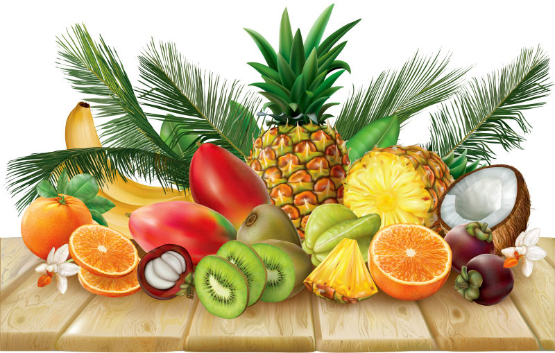 抽象矢量木桌上的热带水果插图设计