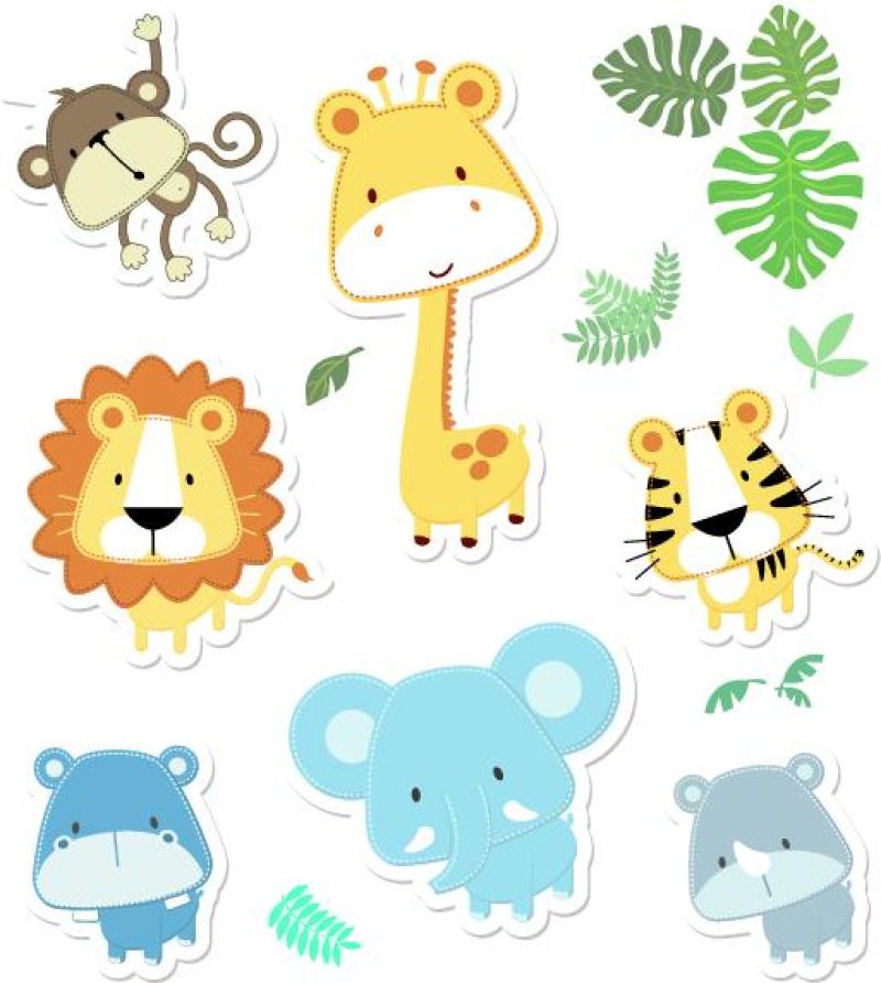 矢量卡通插图的七个小动物和丛林中的叶子-个人物品很容易编辑-非常适合儿童装饰