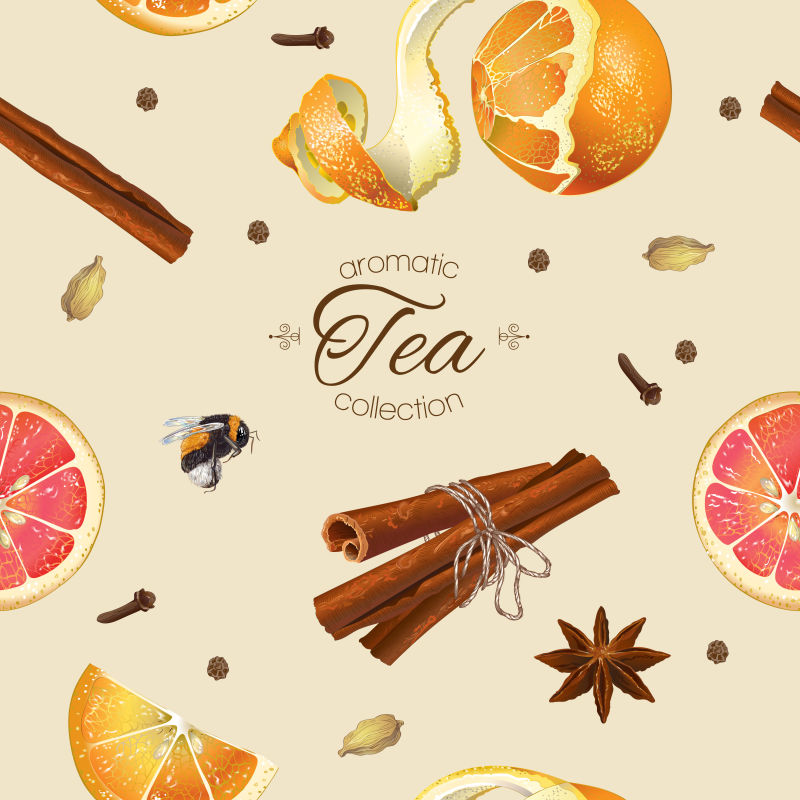 矢量芳香茶与桂皮和橙色无缝模式背景：茶蜂蜜天然化妆品保健品的背景设计最好用于纺织品和包装纸