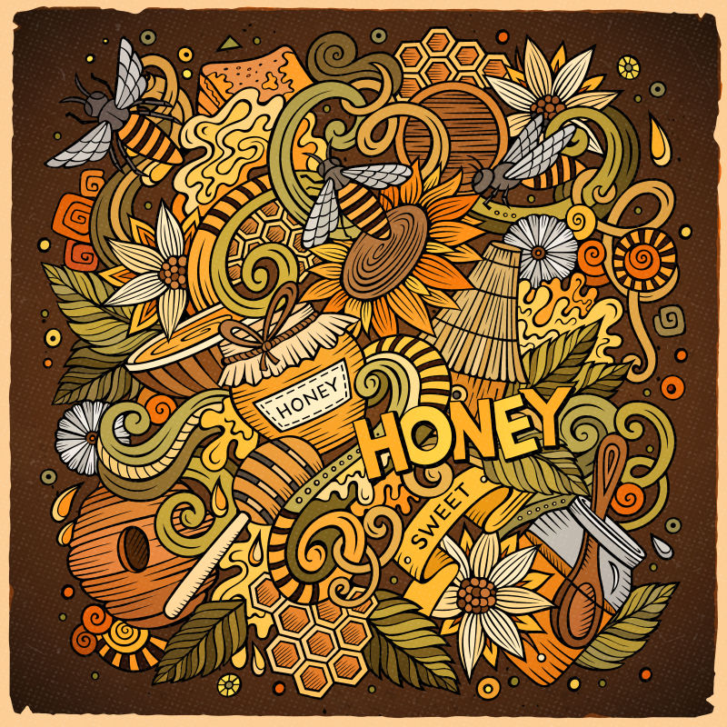 抽象矢量蜜蜂主题的涂鸦设计插图